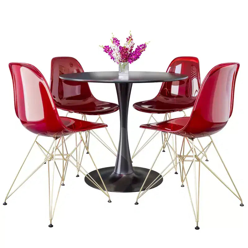 Ensemble de salle à manger 5 pièces LeisureMod avec table de salle à manger ronde de 35 po à piédestal en fer et 4 chaises d'appoint en plastique ABS avec base dorée