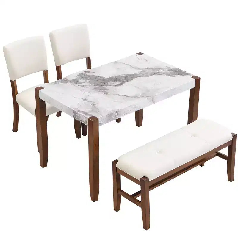 Ensemble de salle à manger 4/5 pièces moderne, table à manger peu encombrante avec plateau en faux marbre, 2 chaises rembourrées et un banc, blanc+marron-ModernLuxe