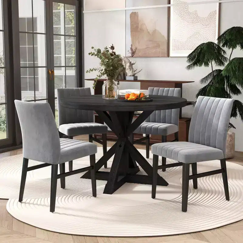 Ensemble de salle à manger rond 5 pièces Walton, table ronde avec piètement en croix et 4 chaises latérales