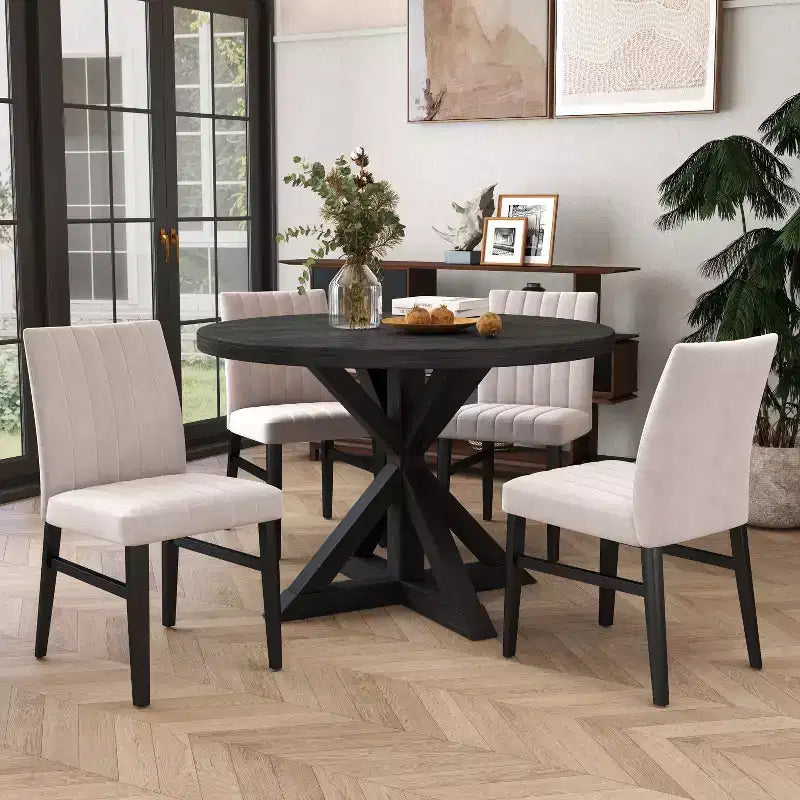 Ensemble de salle à manger rond 5 pièces Walton, table ronde avec piètement en croix et 4 chaises latérales