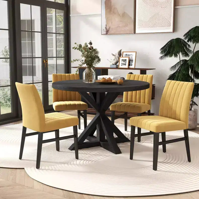 Ensemble de salle à manger rond 5 pièces Walton, table ronde avec piètement en croix et 4 chaises latérales