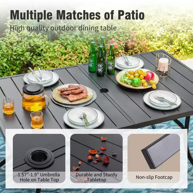 Ensemble repas d'extérieur 7 pièces Captiva Designs avec table rectangulaire à lattes et chaises de salle à manger fixes en textilène