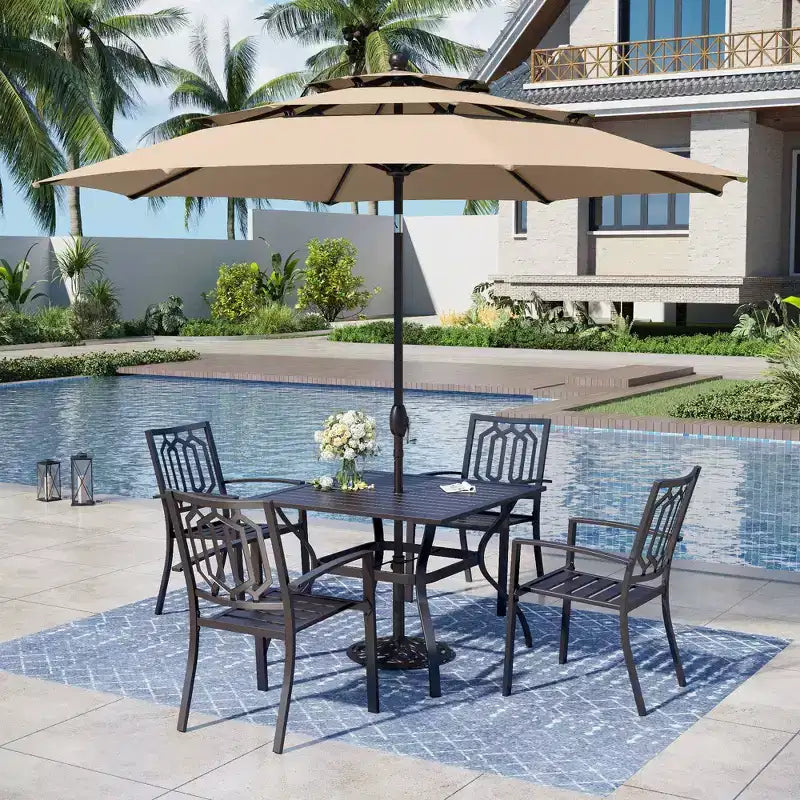 Captiva Designs 6pc Patio Square Table & Fusiform Back Metal Chairs & Beige Umbrella