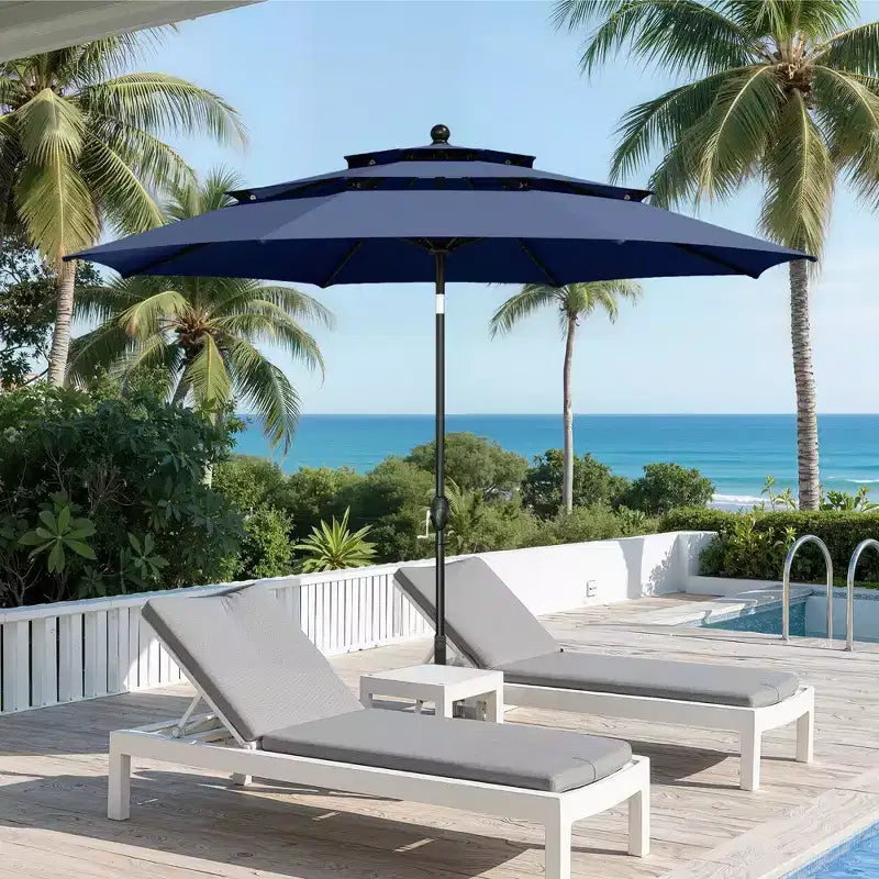 Captiva Designs – Ensemble de 6 pièces : Table carrée à lattes, chaises pliantes inclinables en textilène et parasol de marché