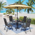 Captiva Designs 6pc Patio Slat-top Square Table & Textilene Reclining Foldable Chairs & Market Umbrella