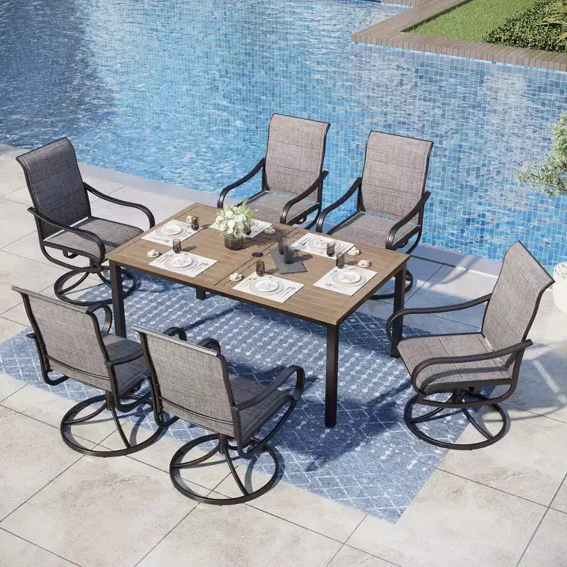 Captiva Designs 7pc Outdoor Patio Rectangle Metal Dining Table & Grayish Brown Textilene Swivel Chairs