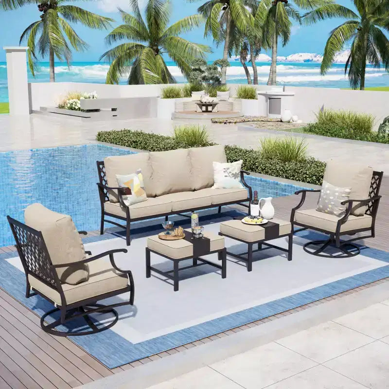 Captiva Designs 5pc Metal Patio Outdoor Conversation Set with Swivel Grid-back Chairs and Ottomans