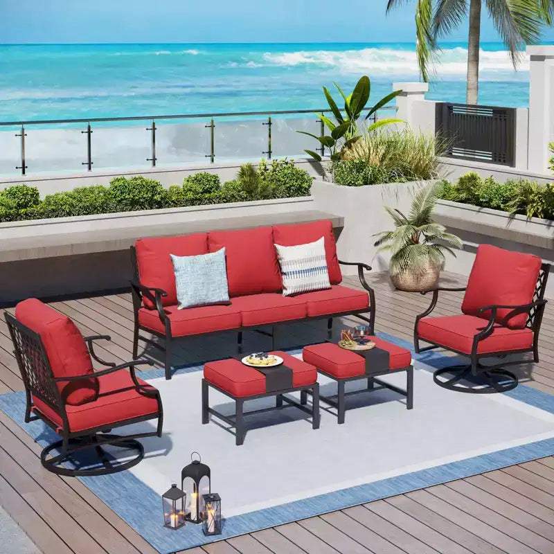 Ensemble de conversation d'extérieur 5 pièces Captiva Designs en métal avec chaises pivotantes à dossier grillagé et poufs
