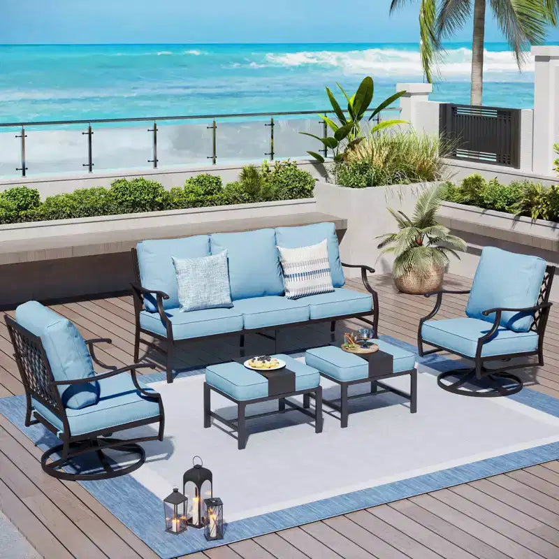 Ensemble de conversation d'extérieur 5 pièces Captiva Designs en métal avec chaises pivotantes à dossier grillagé et poufs