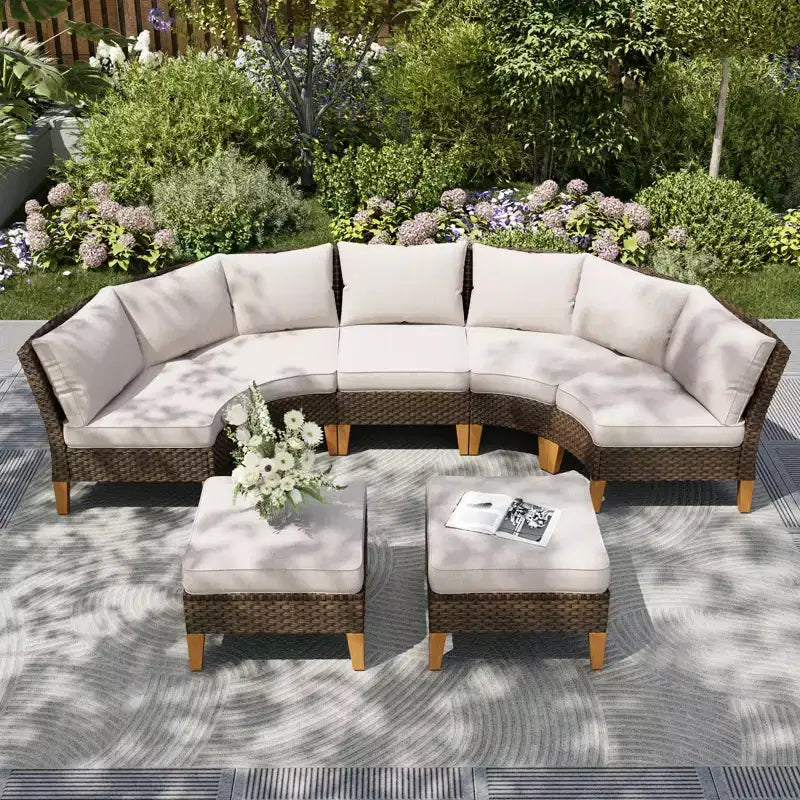 Captiva Designs 7pc Outdoor Wicker Rattan Patio Half-Moon Curved Sectional Sofa Set with Cushioned Ottoman