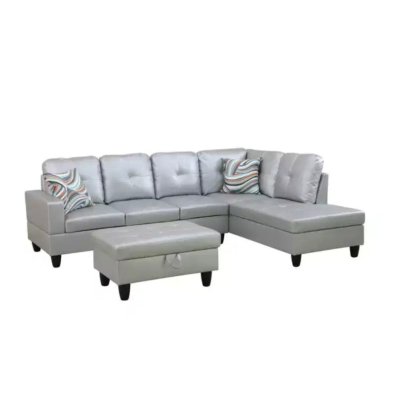 Canapé sectionnel en semi-cuir gris clair - Design moderne en L, coussins capitonnés, oreillers décoratifs, pouf de rangement