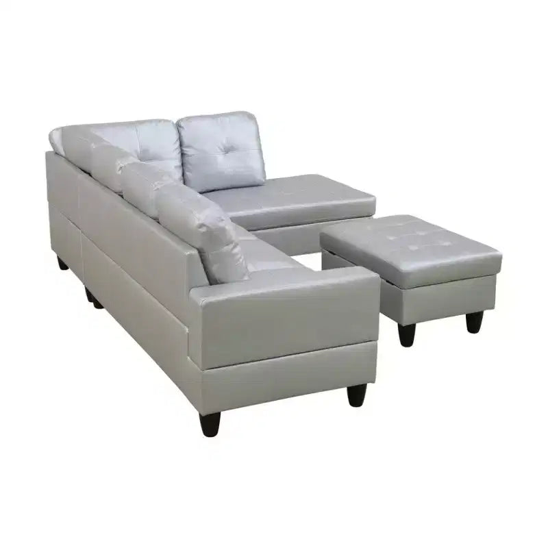 Canapé sectionnel en semi-cuir gris clair - Design moderne en L, coussins capitonnés, oreillers décoratifs, pouf de rangement