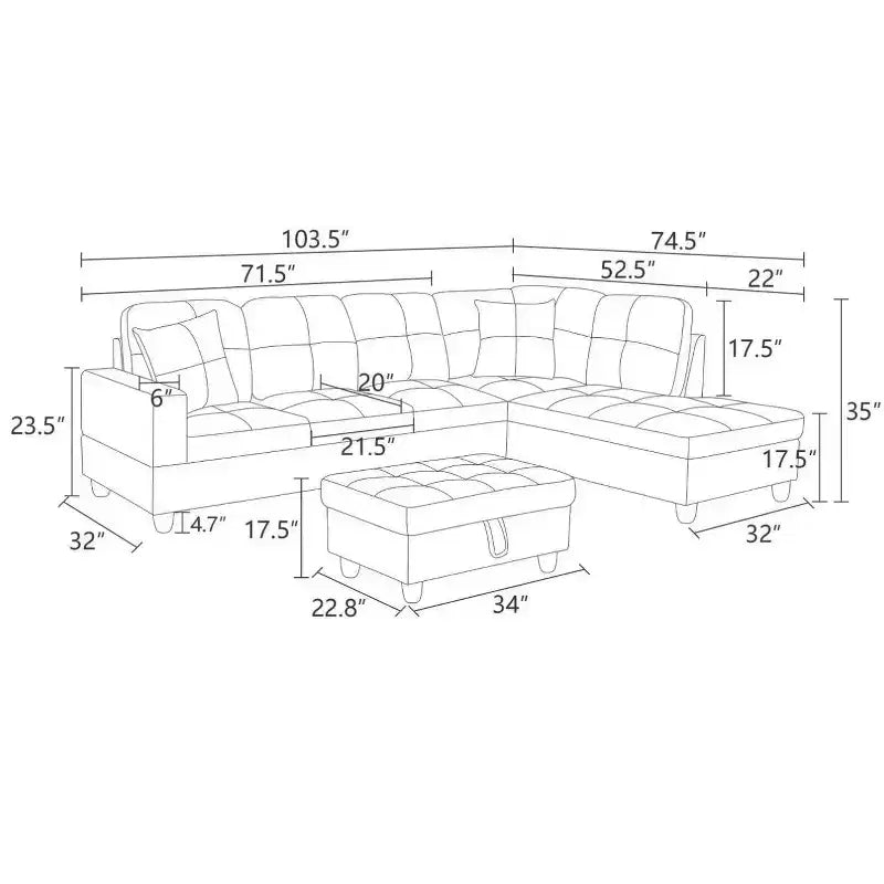 Canapé sectionnel en semi-cuir gris clair - Design moderne en L, coussins capitonnés, oreillers décoratifs, pouf de rangement