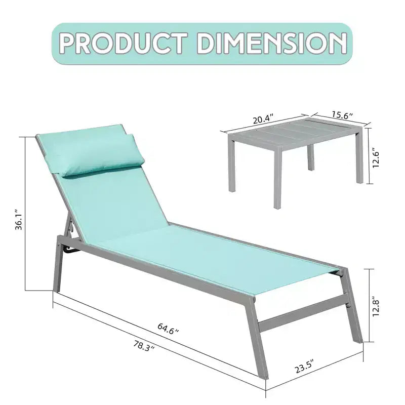 Ensemble de 3 chaises longues de patio Okak avec table d'appoint, chaise longue d'extérieur en aluminium pour piscine, patio, plage, jardin