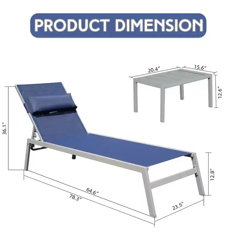 Ensemble de 3 chaises longues de patio Okak avec table d'appoint, chaise longue d'extérieur en aluminium pour piscine, patio, plage, jardin