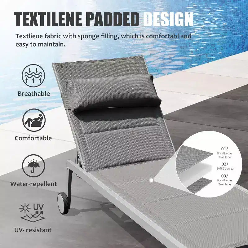 Ensemble de 3 chaises longues de patio Okak avec table d'appoint, chaise longue d'extérieur en aluminium pour piscine, patio, plage, jardin