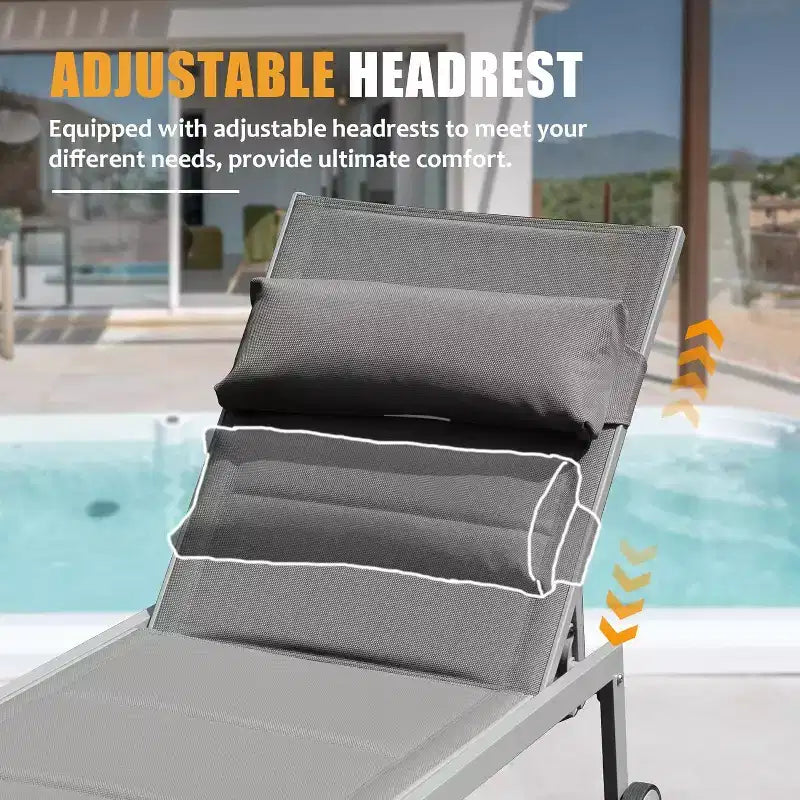 Ensemble de 3 chaises longues de patio Okak avec table d'appoint, chaise longue d'extérieur en aluminium pour piscine, patio, plage, jardin