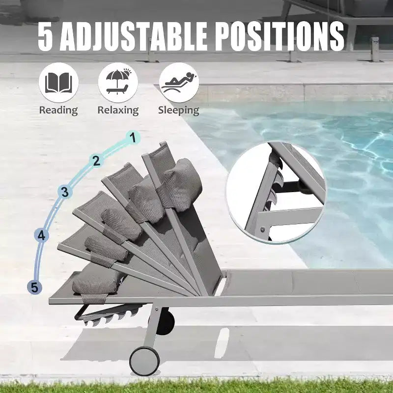Ensemble de 3 chaises longues de patio Okak avec table d'appoint, chaise longue d'extérieur en aluminium pour piscine, patio, plage, jardin