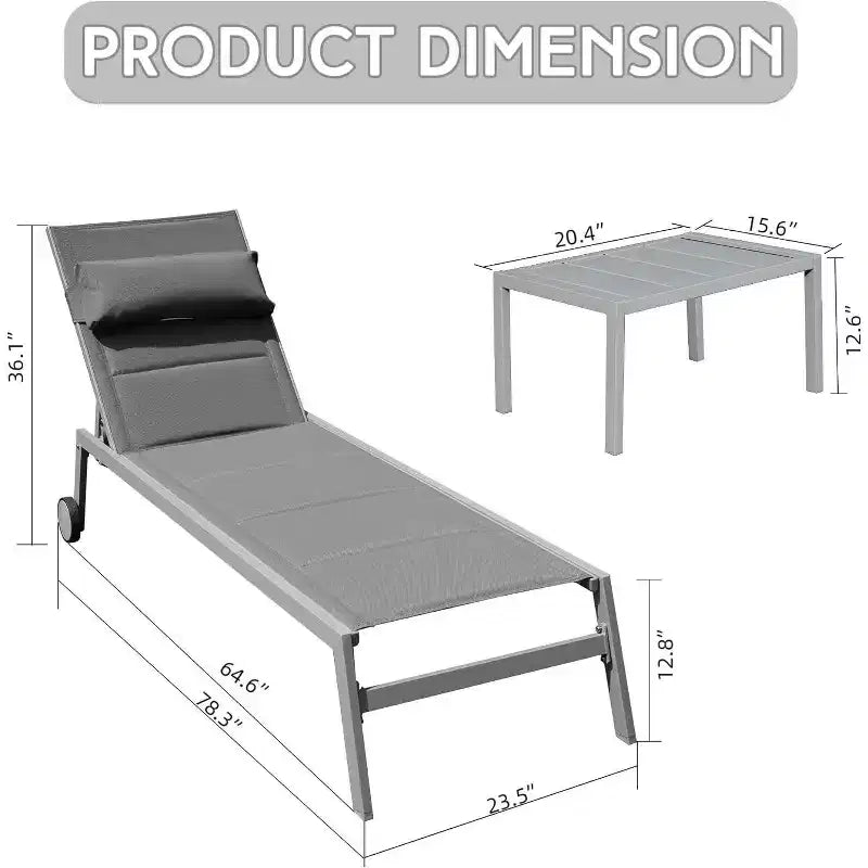 Ensemble de 3 chaises longues de patio Okak avec table d'appoint, chaise longue d'extérieur en aluminium pour piscine, patio, plage, jardin