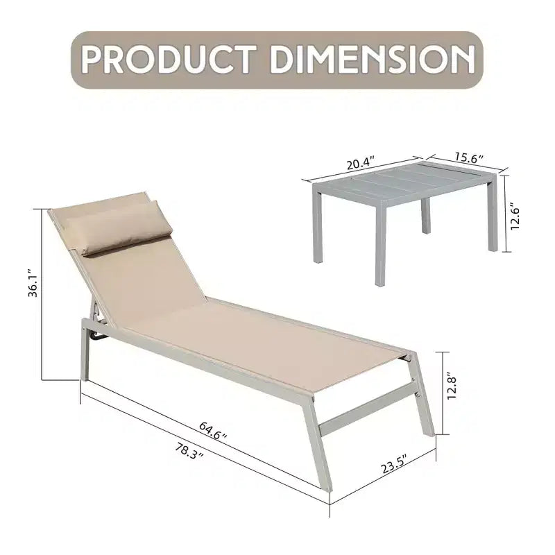Ensemble de 3 chaises longues de patio Okak avec table d'appoint, chaise longue d'extérieur en aluminium pour piscine, patio, plage, jardin