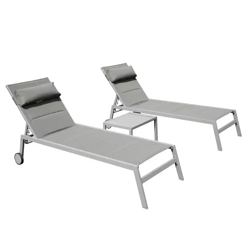 Ensemble de 3 chaises longues de patio Okak avec table d'appoint, chaise longue d'extérieur en aluminium pour piscine, patio, plage, jardin
