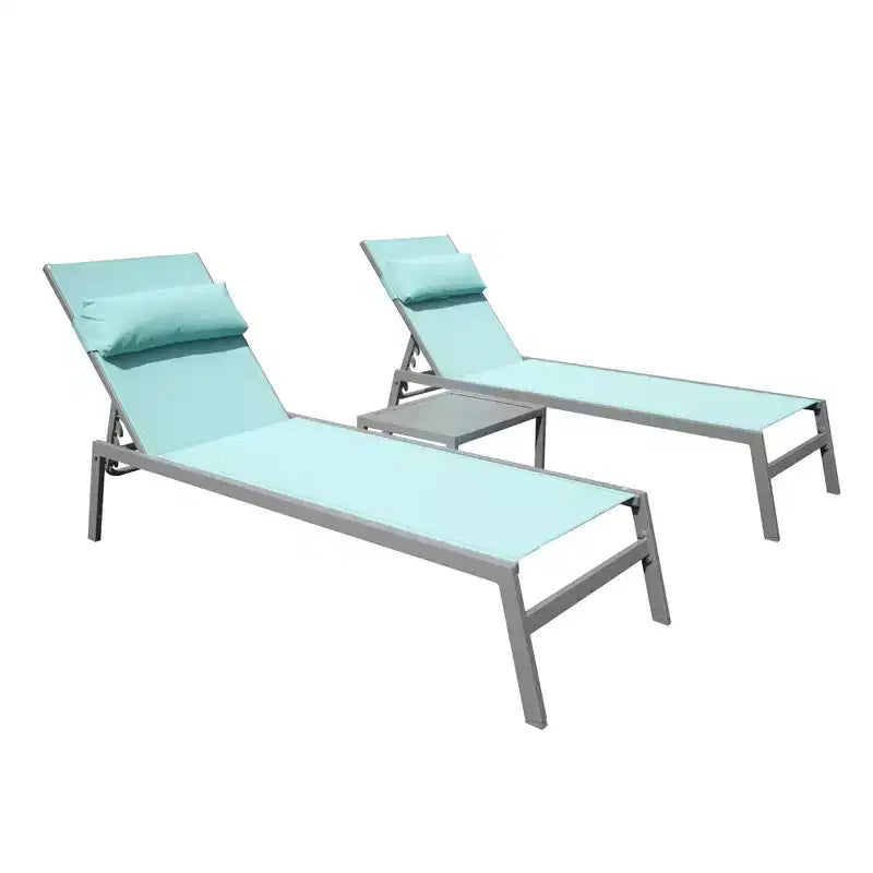 Ensemble de 3 chaises longues de patio Okak avec table d'appoint, chaise longue d'extérieur en aluminium pour piscine, patio, plage, jardin