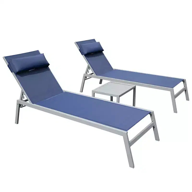 Ensemble de 3 chaises longues de patio Okak avec table d'appoint, chaise longue d'extérieur en aluminium pour piscine, patio, plage, jardin