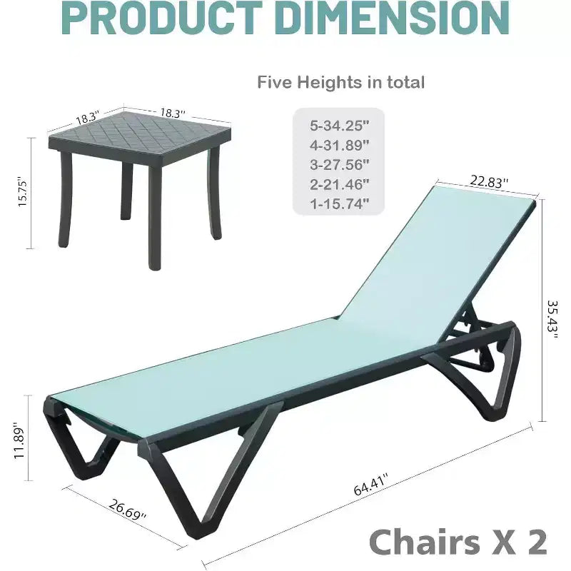 Chaise longue de jardin Okak en aluminium haut de gamme, table en option, chaise longue inclinable pour piscine, plage, terrasse et jardin