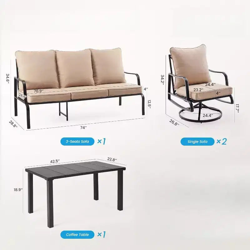 Ensemble de salon de jardin NAYSAYE comprenant chaises longues, fauteuils pivotants, canapé et table basse pour porche et balcon, beige, 50,4 x 34 x 28 po