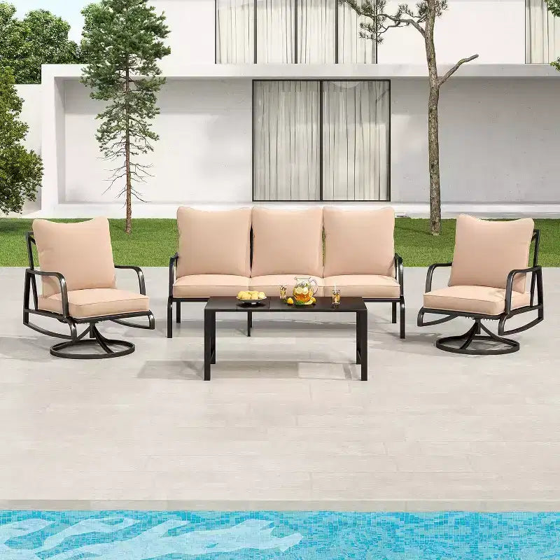 Ensemble de salon de jardin NAYSAYE comprenant chaises longues, fauteuils pivotants, canapé et table basse pour porche et balcon, beige, 50,4 x 34 x 28 po