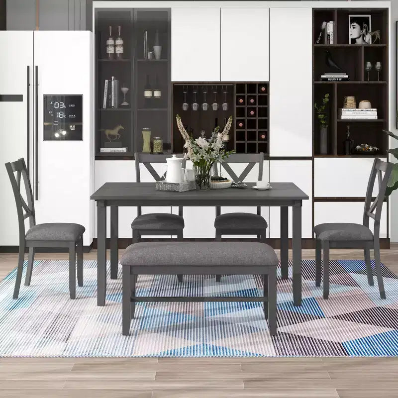 Ensemble de salle à manger 6 pièces de style ferme avec banc pour 6 personnes, table rectangulaire en bois et 4 chaises rembourrées