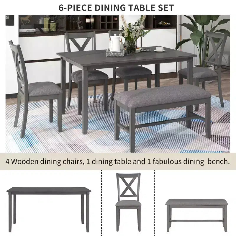Ensemble de salle à manger 6 pièces de style ferme avec banc pour 6 personnes, table rectangulaire en bois et 4 chaises rembourrées