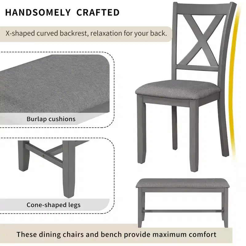Ensemble de salle à manger 6 pièces de style ferme avec banc pour 6 personnes, table rectangulaire en bois et 4 chaises rembourrées