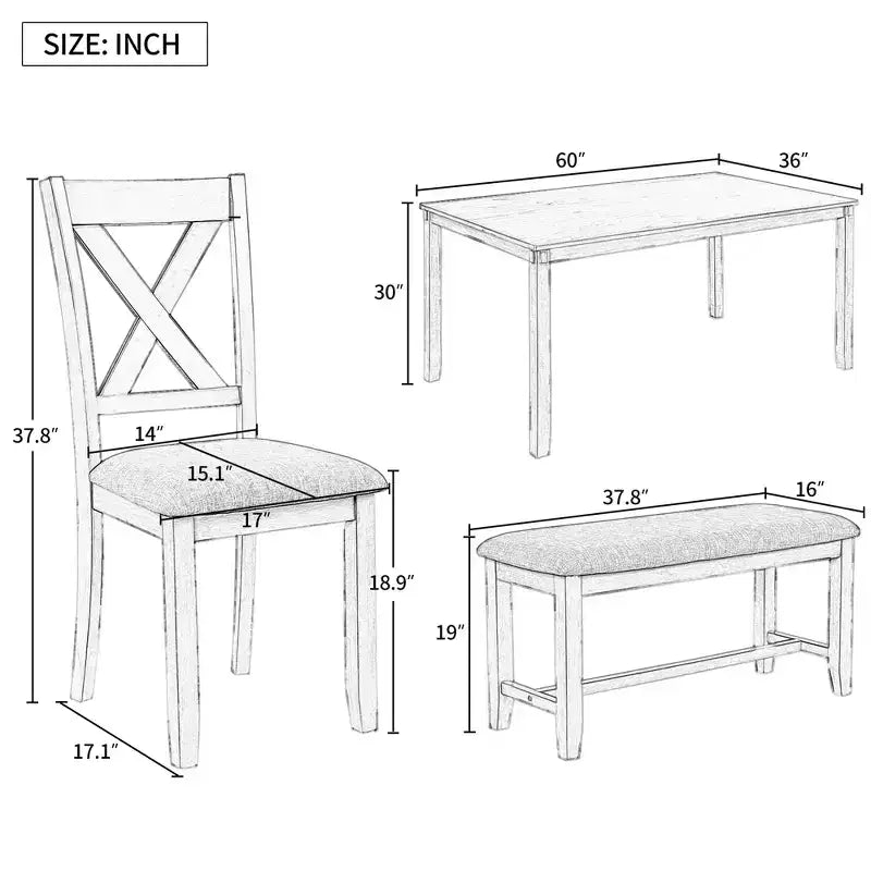Ensemble de salle à manger 6 pièces de style ferme avec banc pour 6 personnes, table rectangulaire en bois et 4 chaises rembourrées