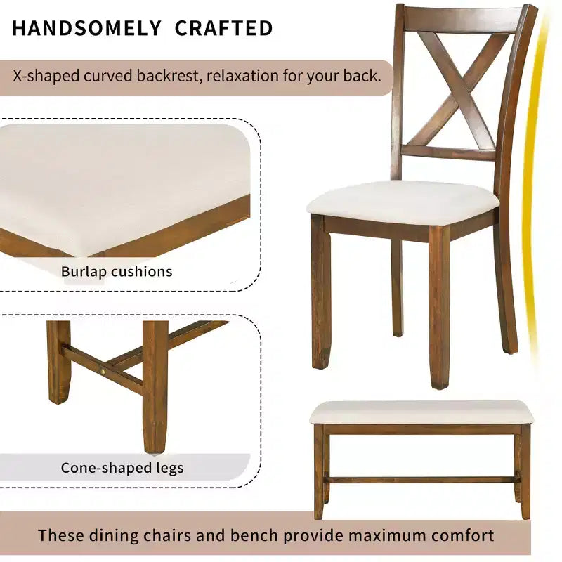 Ensemble de salle à manger 6 pièces de style ferme avec banc pour 6 personnes, table rectangulaire en bois et 4 chaises rembourrées