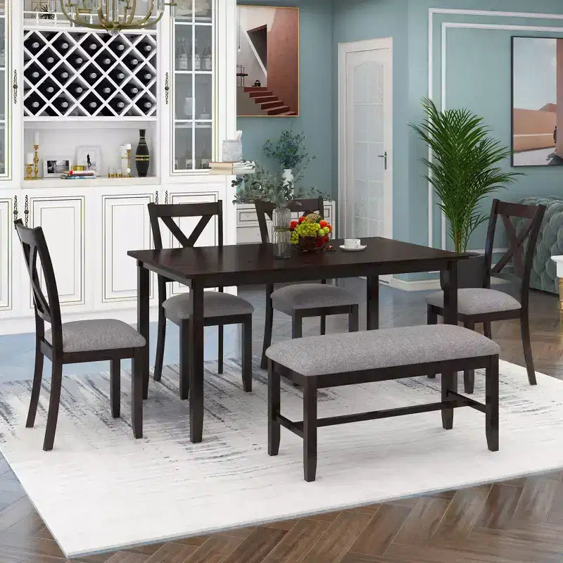 Ensemble de salle à manger 6 pièces de style ferme avec banc pour 6 personnes, table rectangulaire en bois et 4 chaises rembourrées