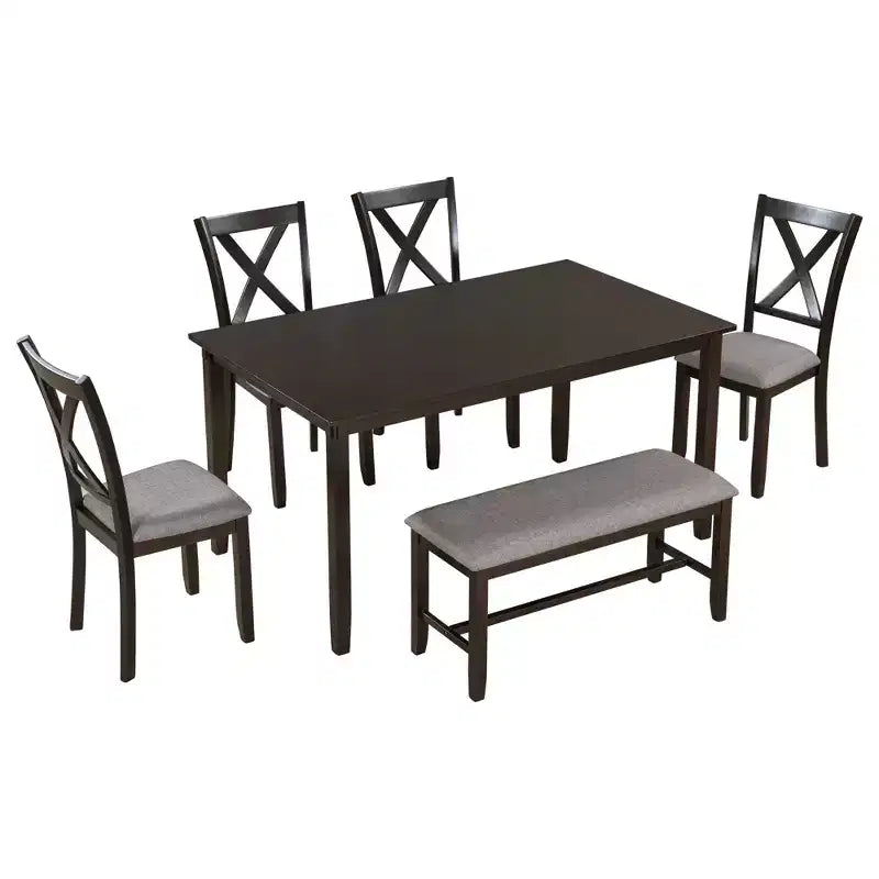 Ensemble de salle à manger 6 pièces de style ferme avec banc pour 6 personnes, table rectangulaire en bois et 4 chaises rembourrées