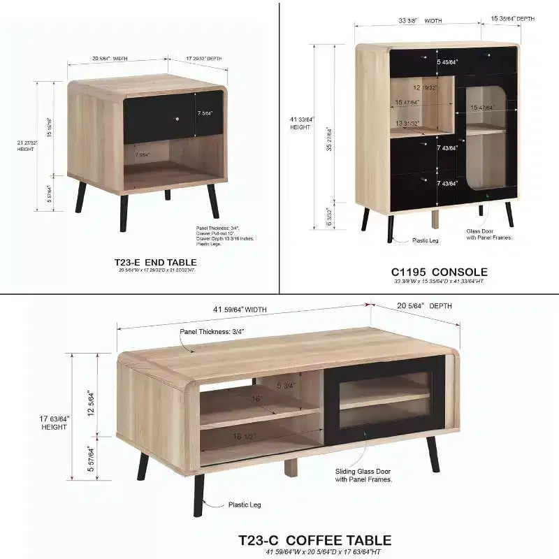 Ensemble de meubles de salon 3 pièces Kings Brand Furniture Nathan avec buffet, table basse et table d'appoint, rangement moderne, finition chêne/noir