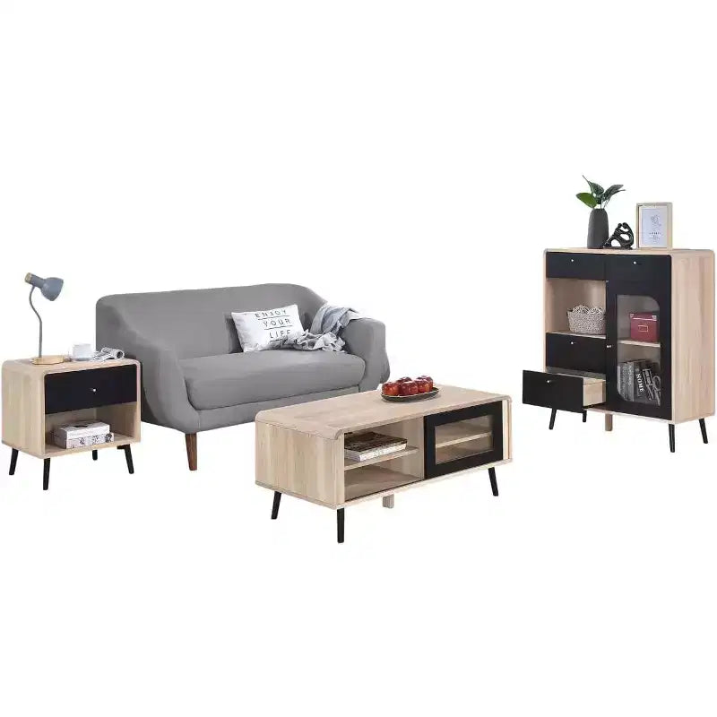 Ensemble de meubles de salon 3 pièces Kings Brand Furniture Nathan avec buffet, table basse et table d'appoint, rangement moderne, finition chêne/noir