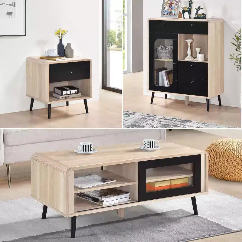 Ensemble de meubles de salon 3 pièces Kings Brand Furniture Nathan avec buffet, table basse et table d'appoint, rangement moderne, finition chêne/noir