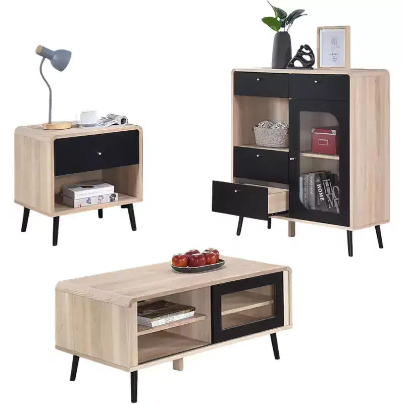 Ensemble de meubles de salon 3 pièces Kings Brand Furniture Nathan avec buffet, table basse et table d'appoint, rangement moderne, finition chêne/noir