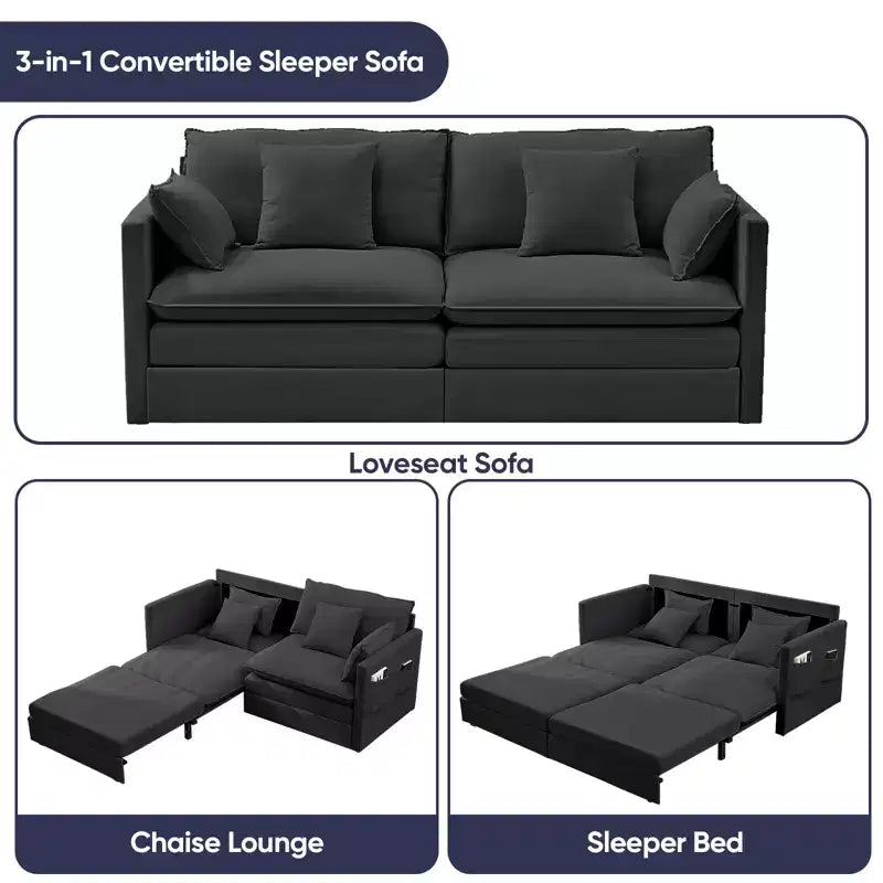 Mjkone Canapé Convertible 3-en-1 en Velours Glacé de 198 cm avec Poches Latérales, Transformable en Lit ou en Chaise Longue