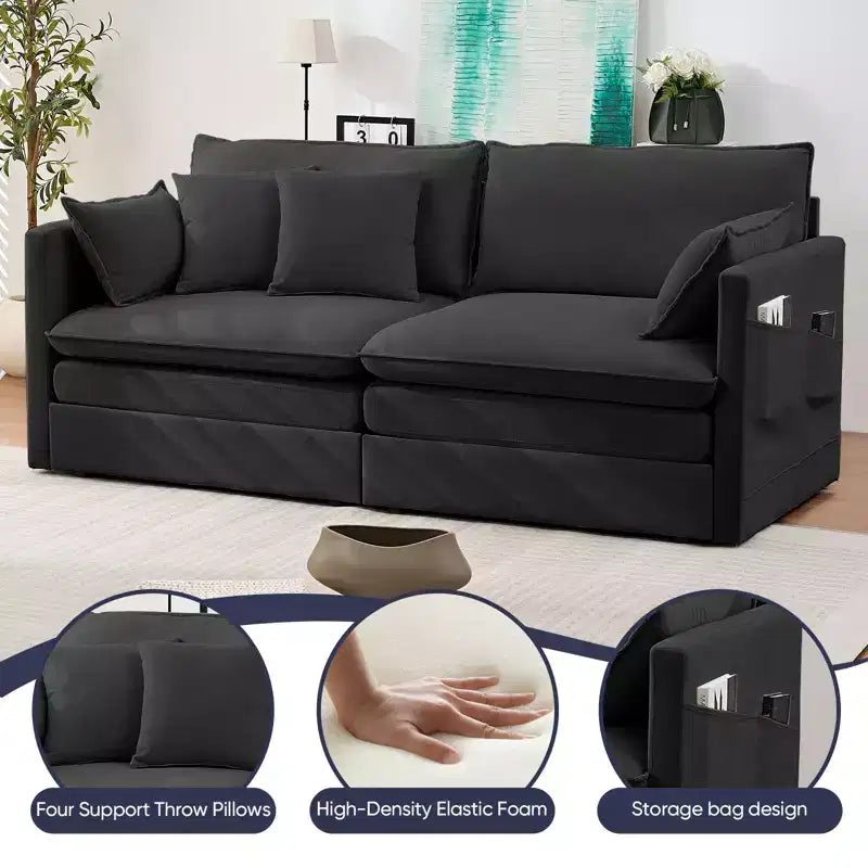 Mjkone Canapé Convertible 3-en-1 en Velours Glacé de 198 cm avec Poches Latérales, Transformable en Lit ou en Chaise Longue
