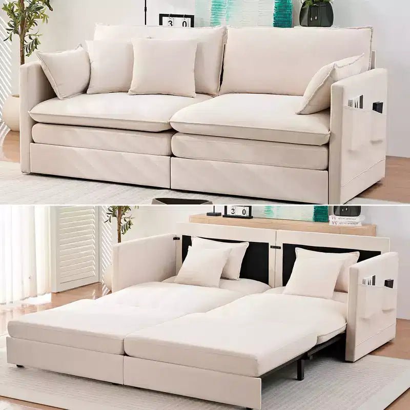 Mjkone Canapé Convertible 3-en-1 en Velours Glacé de 198 cm avec Poches Latérales, Transformable en Lit ou en Chaise Longue