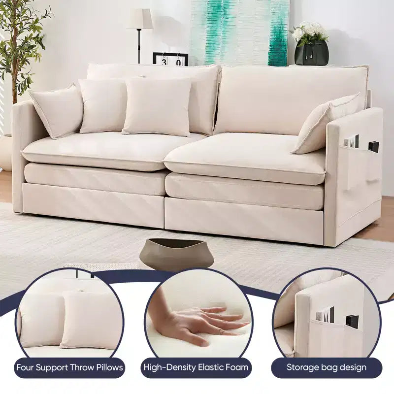Mjkone Canapé Convertible 3-en-1 en Velours Glacé de 198 cm avec Poches Latérales, Transformable en Lit ou en Chaise Longue