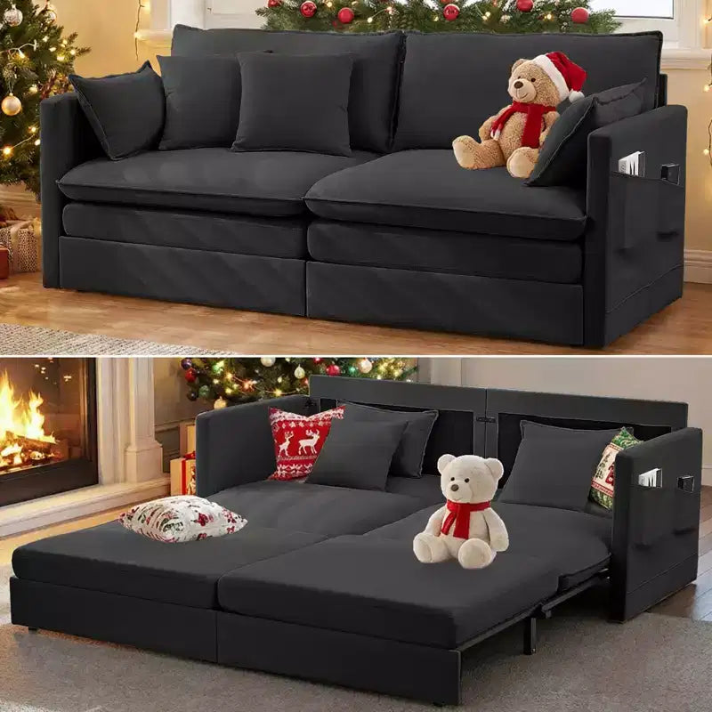 Mjkone Canapé Convertible 3-en-1 en Velours Glacé de 198 cm avec Poches Latérales, Transformable en Lit ou en Chaise Longue