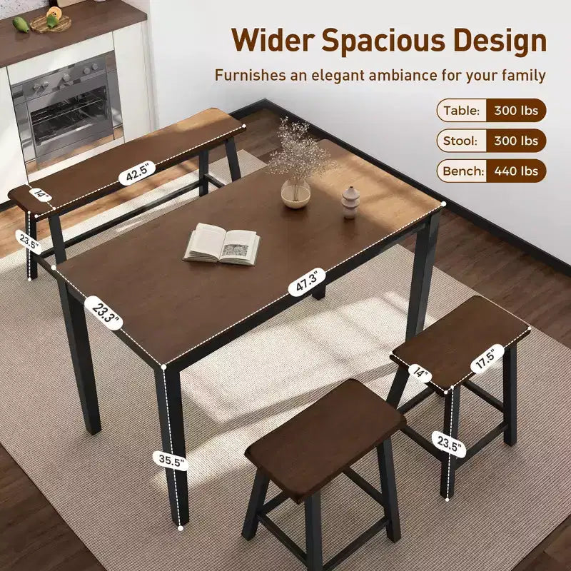 Captiva Designs Ensemble de salle à manger 4 pièces en bois avec table à manger rectangulaire, tabourets et banc