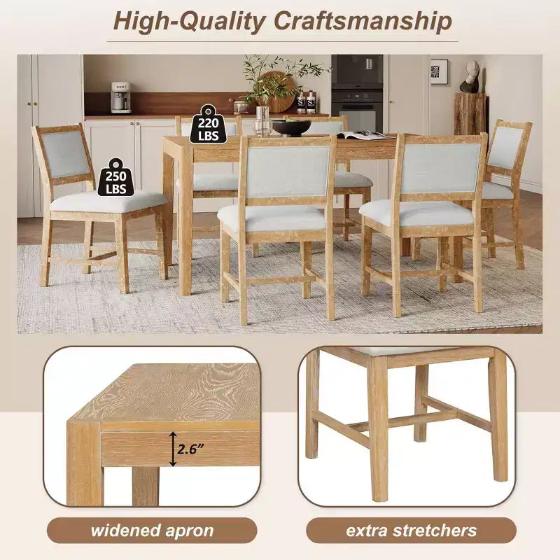 Ensemble de salle à manger 7 pièces Homy Casa avec table en bois et 6 chaises rembourrées, finition naturelle