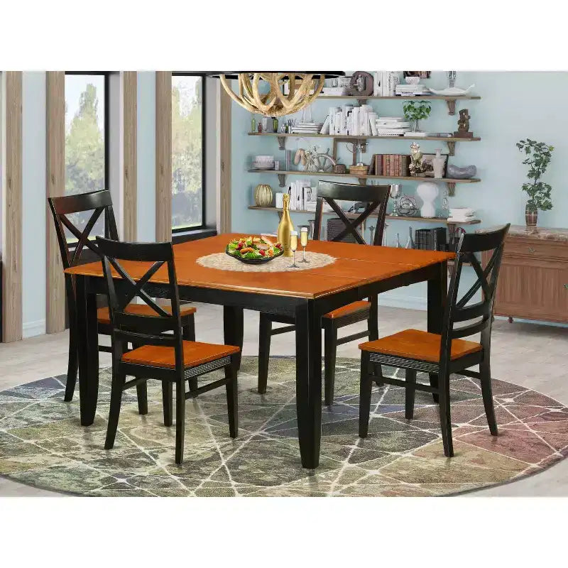 Ensemble de salle à manger 9 pièces, table carrée en bois avec rallonge papillon et 8 chaises, finition noire et cerise, 137 cm