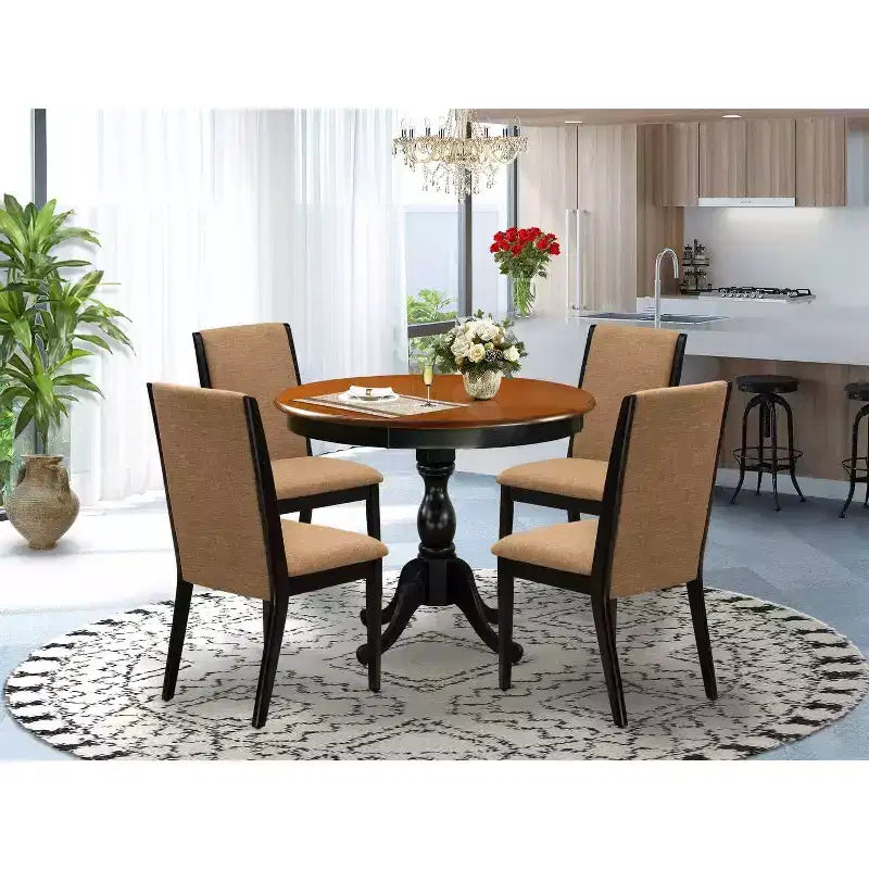 Ensemble de salle à manger HomeStock 5 pièces, table ronde avec plateau en bois massif au fini noir et cerisier, avec 4 chaises rembourrées